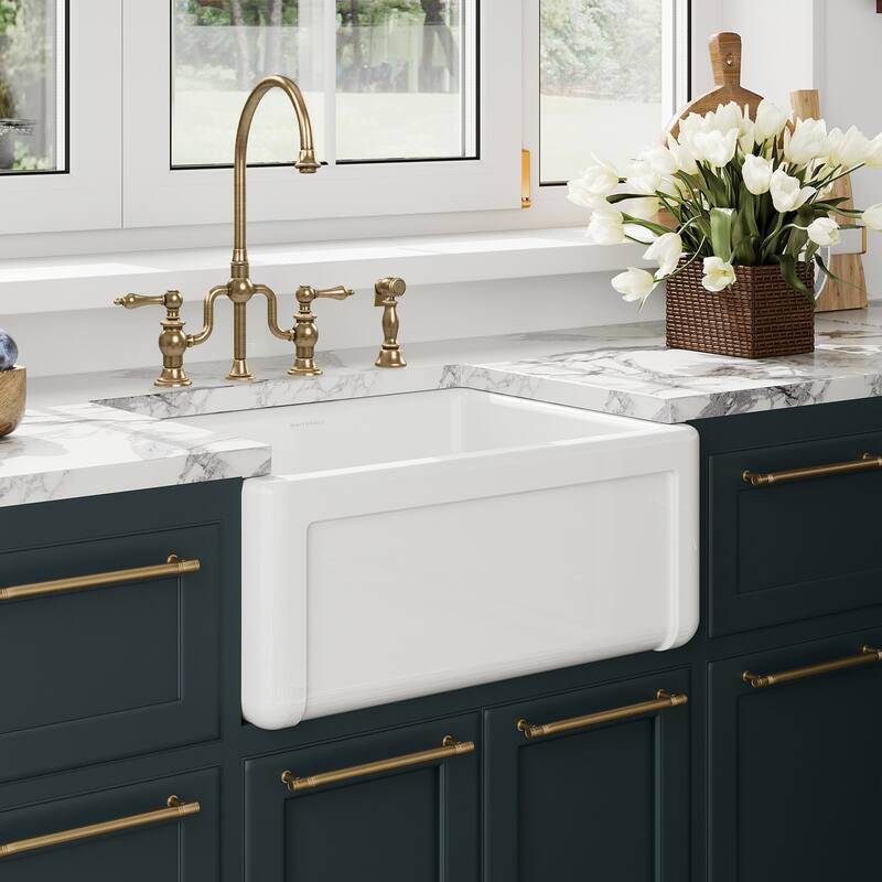 Reversible Fireclay Kitchen Sinks With Grid Three Edge Frame, Plain Front Apron