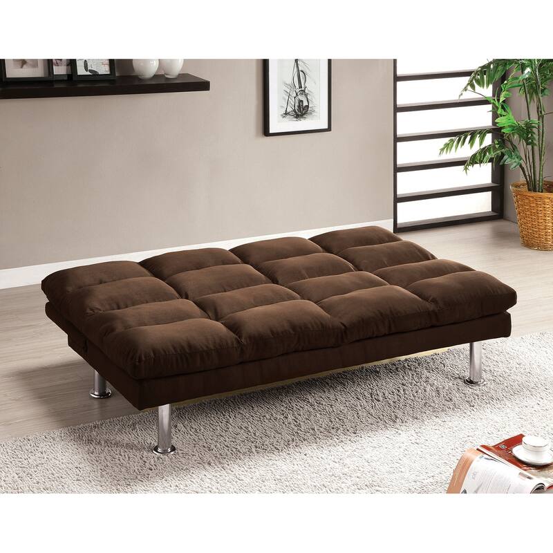 Contemporary Style Futon Sofa Bed Microfabric Converted Into Bed Wit Extra Leg Support Chrome Base Legs Dark Brown Finish