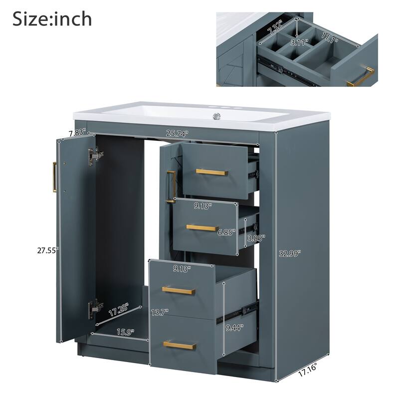 30'' Bathroom Vanity with Resin Sink Combo,Solid Wood Frame Bathroom Storage Cabinet with 3 Drawers& 2 Soft Closing Doors