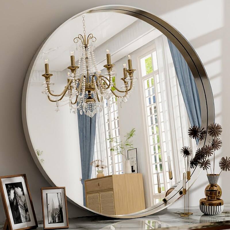 24 Inch Round Bathroom Mirror - Wall Mounted Circle Mirror with Metal Frame, Modern Mirror Suitable for Bathroom - Silver