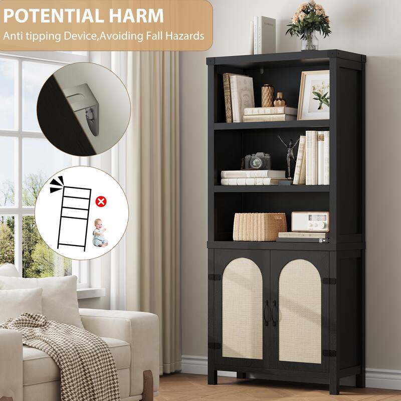 Farmhouse Bookshelves and Bookshelves with Door, 70" High Bookshelves with Three Levels of Open Storage