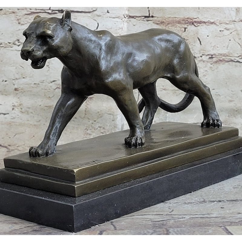 Cougar Mountain Lion Lioness Bronze Statue Sculpture Marble Base 6 Inches X 10 Inches