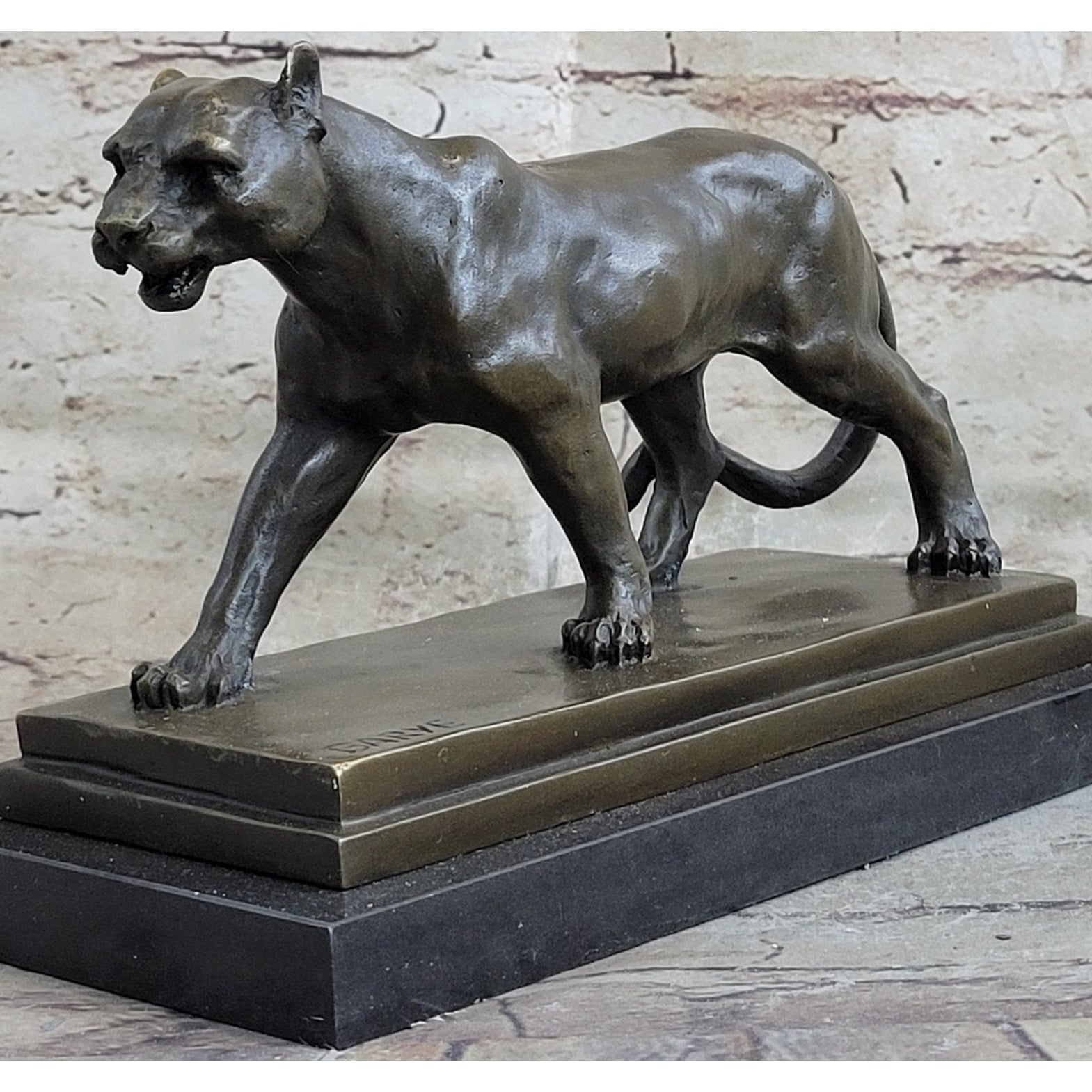 Cougar Mountain Lion Lioness Bronze Statue Sculpture Marble Base 6 Inches X 10 Inches
