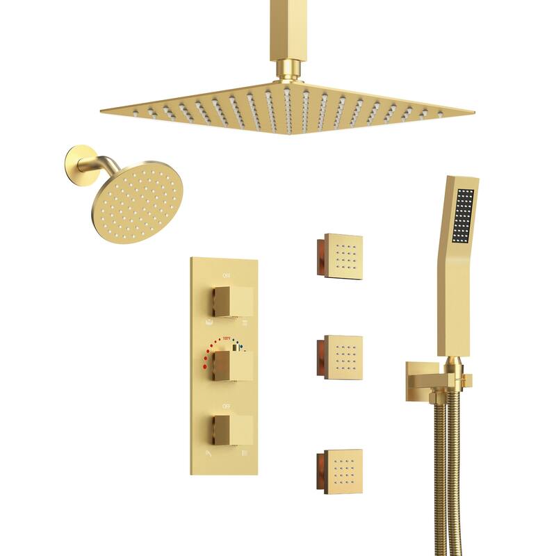 Thermostatic Dual Heads 12" Multi-Function Shower System with 3 Body Sprays