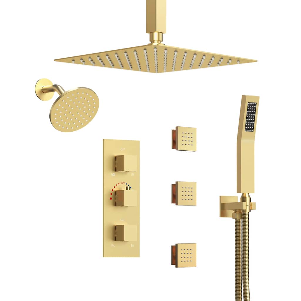 Thermostatic Dual Heads 12" Multi-Function Shower System with 3 Body Sprays