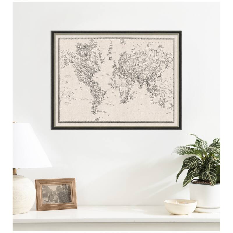 Kate and Laurel Framed Fabric Pinboard Vintage Black and White Linen World Map Wall Organization