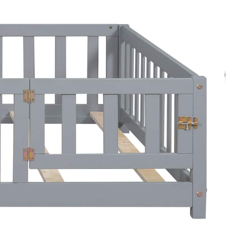 Full Size Floor Platform Bed with Fence and Door for Kids