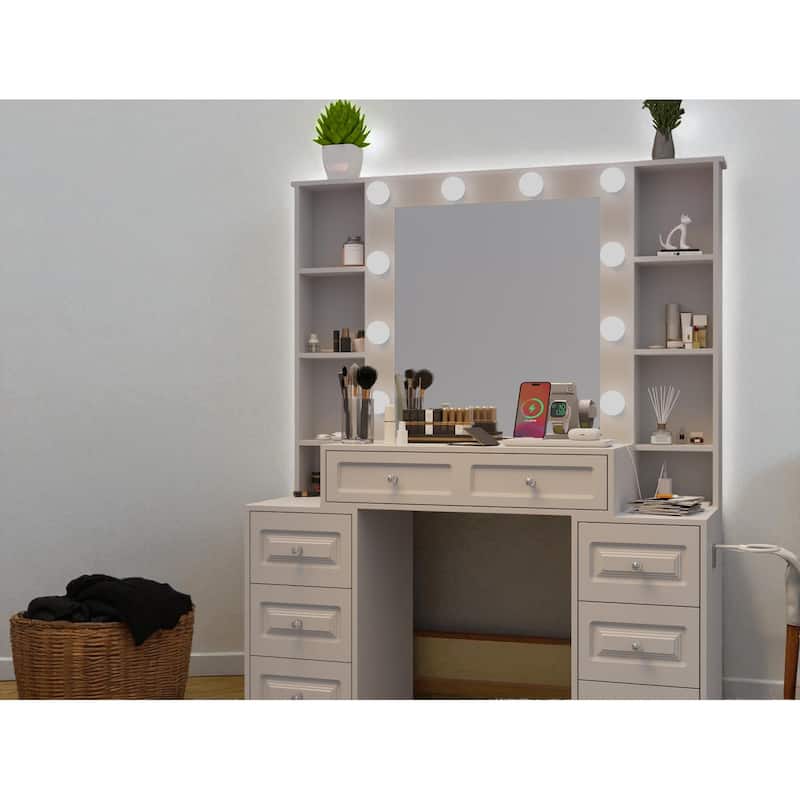 Makeup Vanity with Mirror and Lights, Dressing Table with USB Ports, Hair Dryer Holder & 7 Storage Drawers