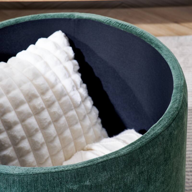 2-Piece Set Round Chenille Storage Ottoman, Equipped with a Drum Shaped Small Stool, Storage Space, and MDF Made Desktop Panel