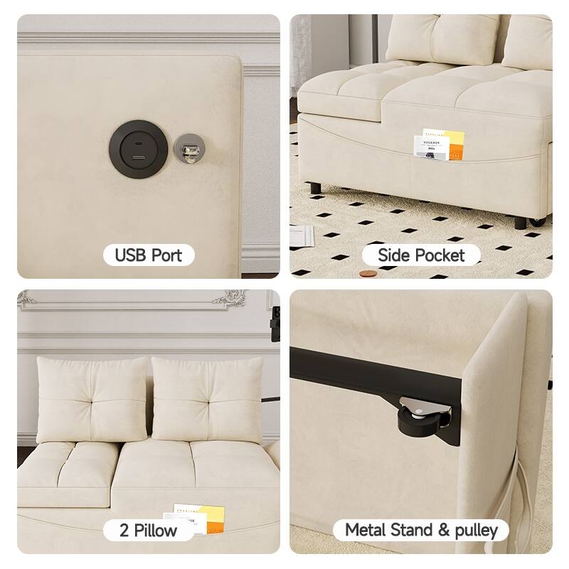 27.56" Velvet 2-Seater Sleeper Chair with USB & Storage