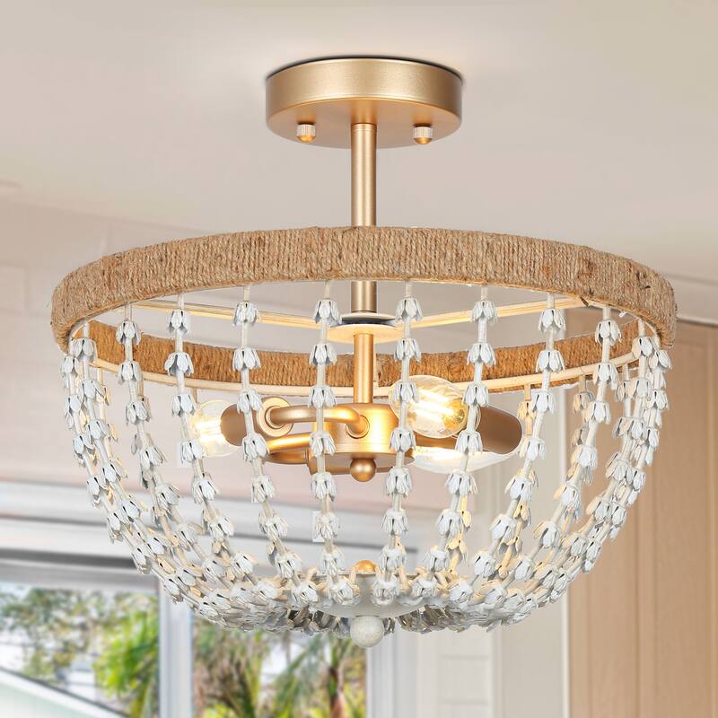 Farmhouse Beaded 3-Light Chandelier Gold Semi-flush Mount Boho Ceiling Light - Dia. 14.2" x H 18.5"