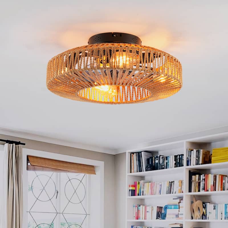 20" Rope Caged Ceiling Fans with Remote, Flush Mount Ceiling Fan with Light, Low Profile Chandelier 6 Speed DC Motor