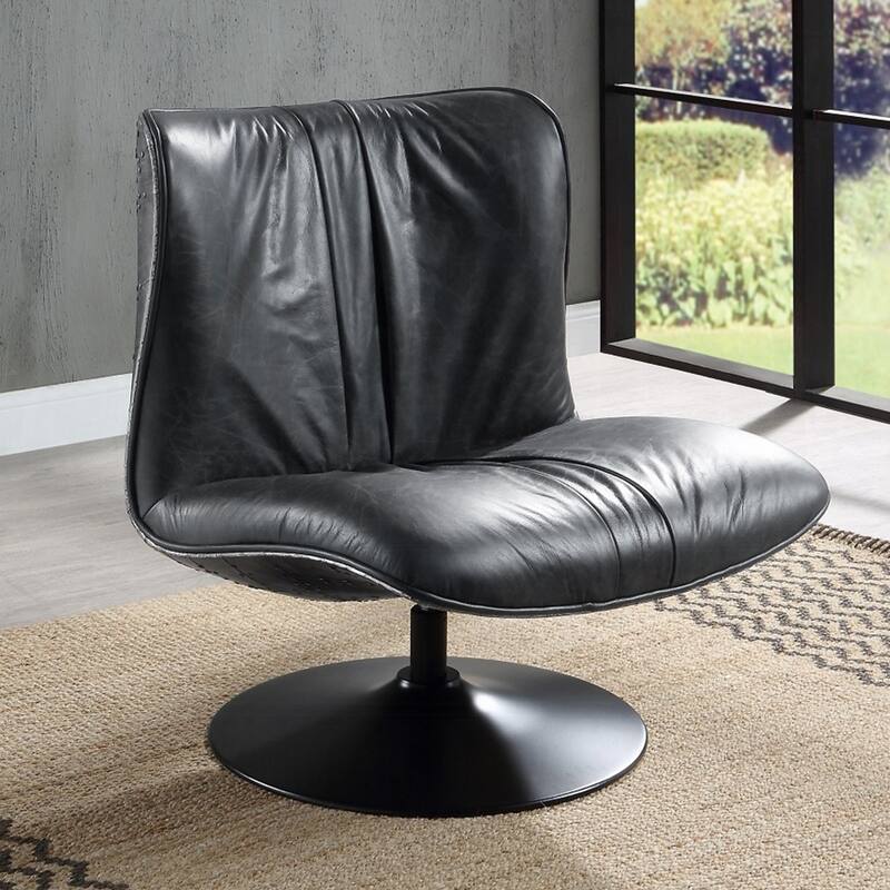 Top Grain Leather Accent Chair with Metal Base with 360 Degree Swivel in Black