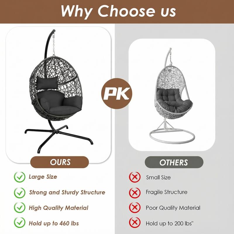 Oversized Egg Chair with Stand, 460 lbs Heavy-Duty Outdoor/Indoor Wicker Hanging Basket Chair