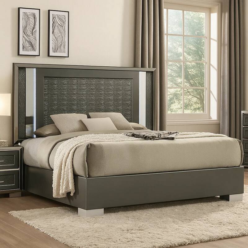 Levi King Bed, Dark Gray, Solid Teak and Rubberwood, Modern LED Lighting