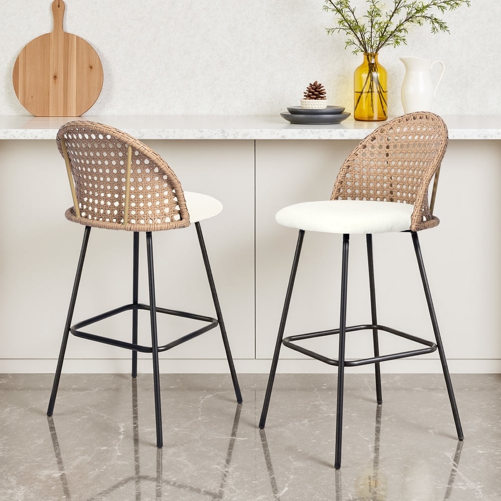 29" Upholstered Swivel Bar Stools with Rattan Back
