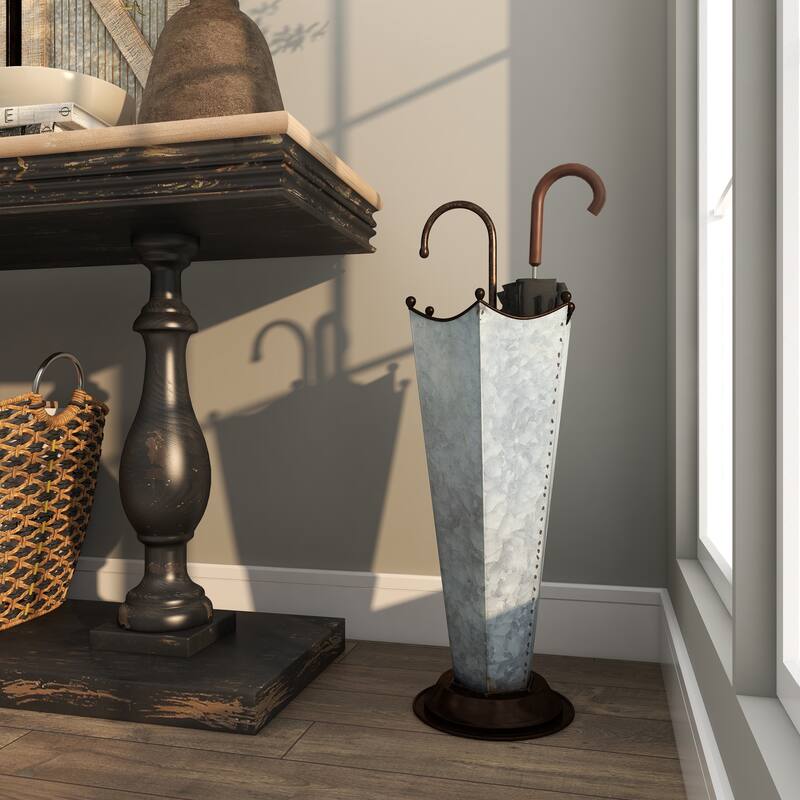 Gray Metal Galvanized Umbrella Stand with Copper Base and Handle
