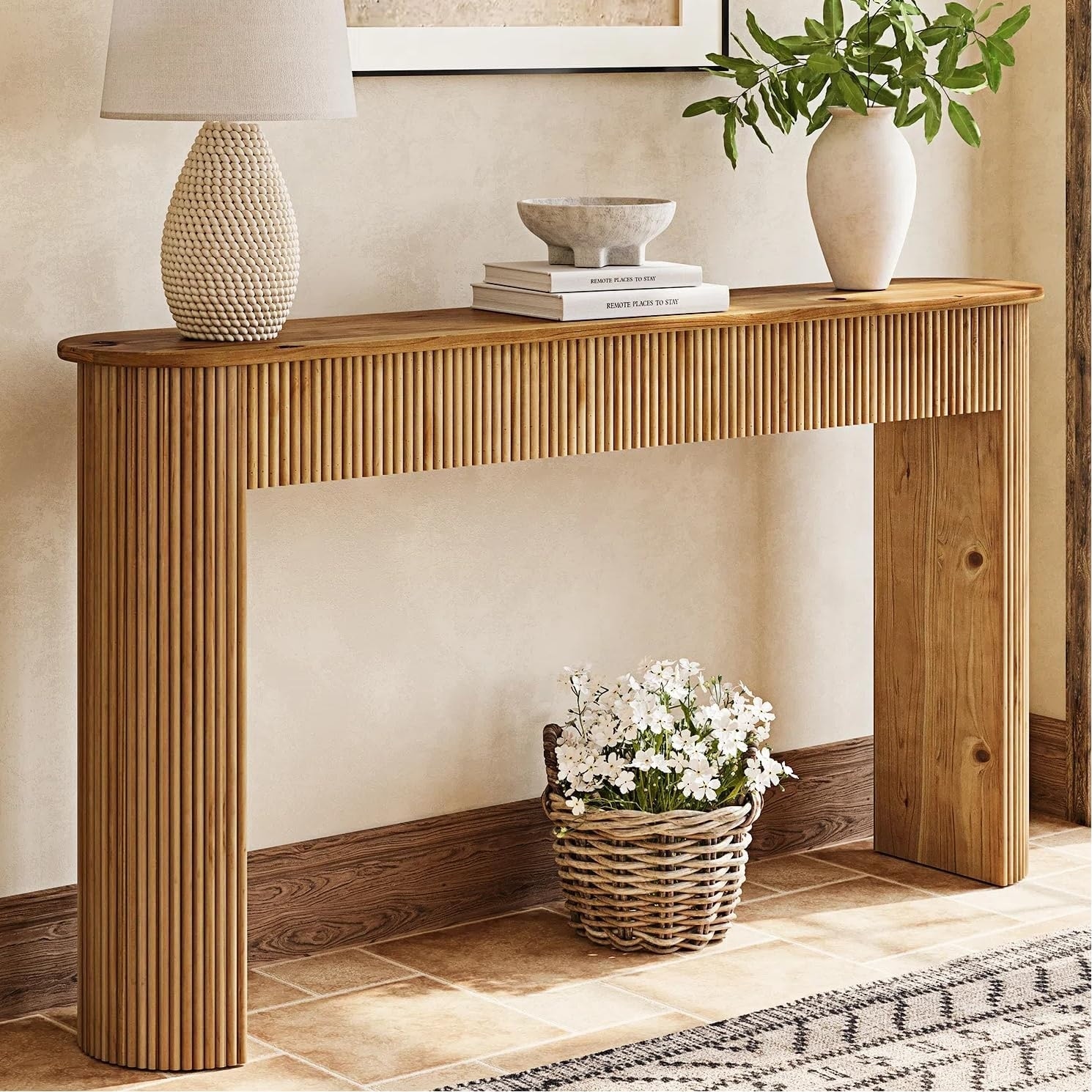 Solid Wood Console Table, 63" Fluted Entryway Table for Hallway, Foyer, Living Room - 63" L x 11.8" W x 33.5" H