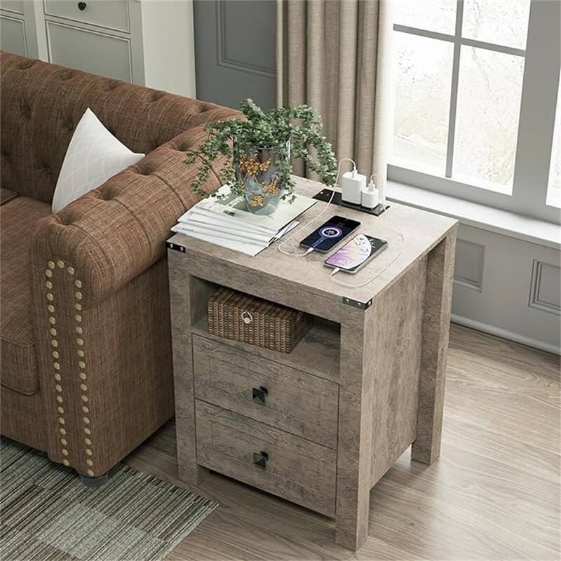 End Table with Drawers and Open Shelf, - Grey - 2-drawer