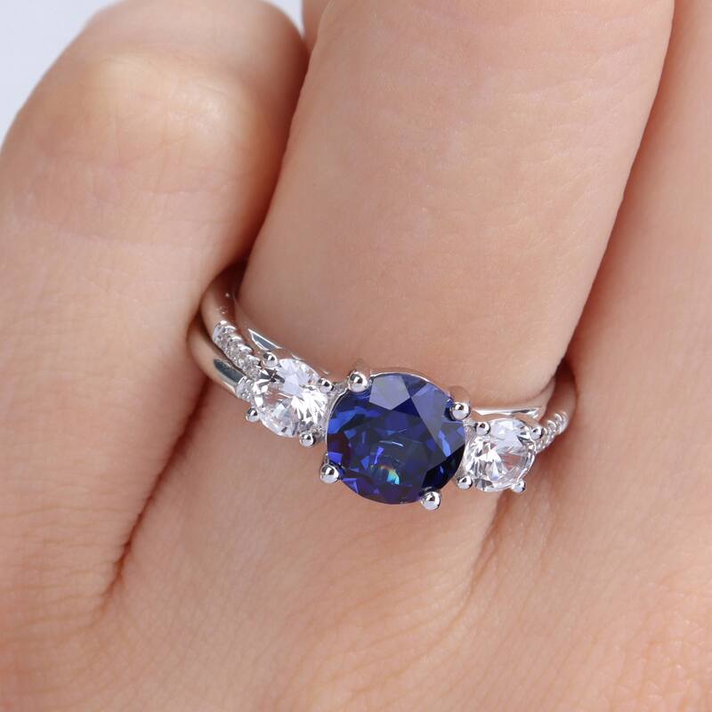 Miadora 10k White Gold Created Blue White Sapphire & 1/10ct TDW Diamond 3-Stone Bridal Ring Set