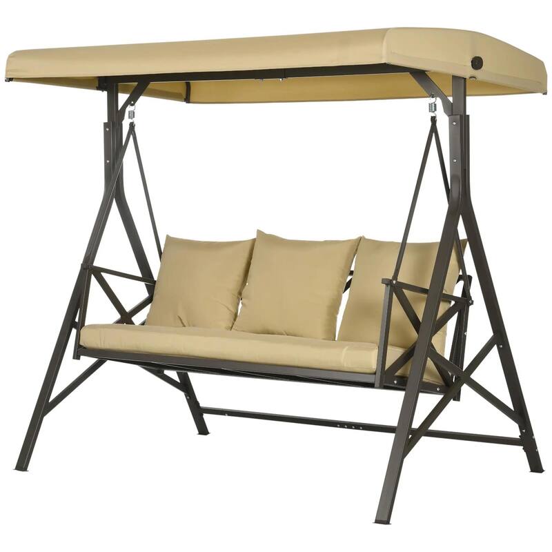 3-Seat Patio Swing, Cushion, Throw Pillows, Adjustable Canopy, Porch