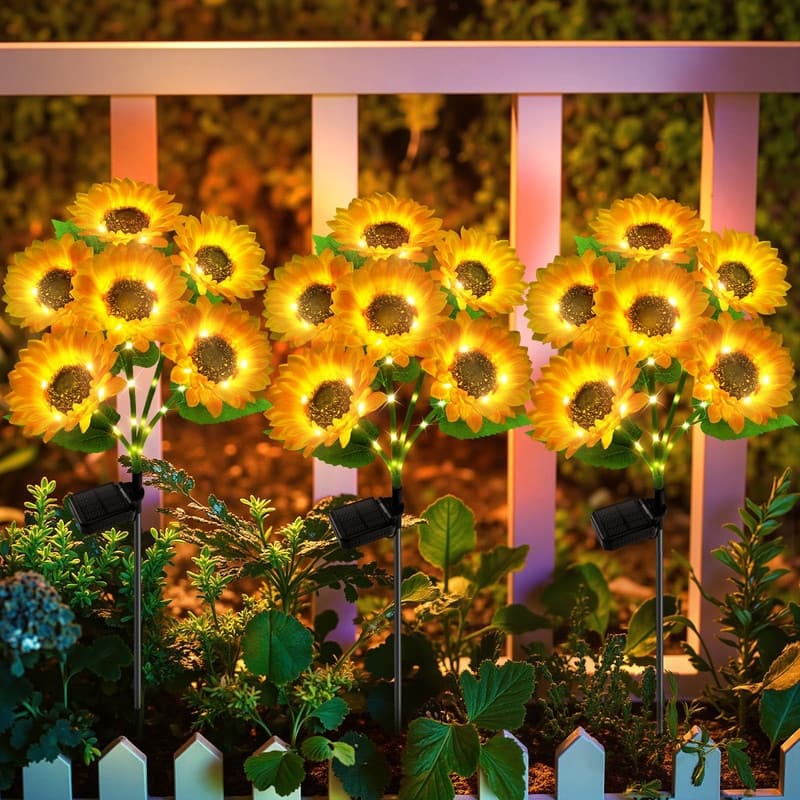 3-Pack Solar Sunflower Lights - 18 LED, Waterproof, Outdoor Decor - 3 Pack