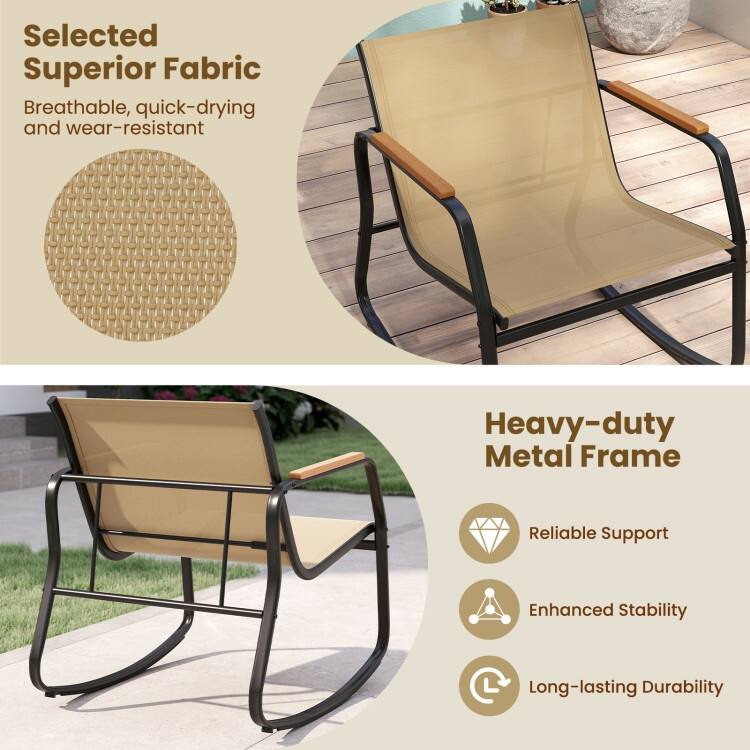 3 Piece Black-Brown Metal Fabric Patio Rocking Chairs with Table Storage - Chair: 29" x 24" x 29.5"