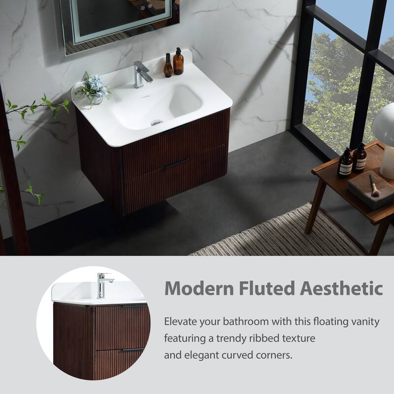 Modland Fluted Floating Vanity with Sink, Plywood Wall Mount Cabinet, Curved Edge, 24/30/36 Inch