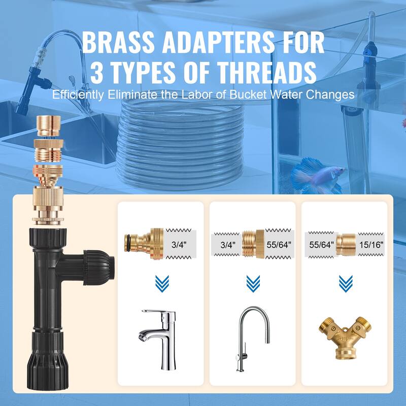 Aquarium Vacuum Gravel Cleaner of Brass Adapters for Fish Tank Cleaning Gravel & Sand - 50 ft 3/4 in, 15/16 in, and 55/64 in