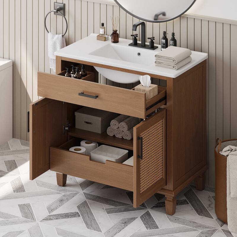 36" Rattan Bathroom Vanity with Ceramic Sink