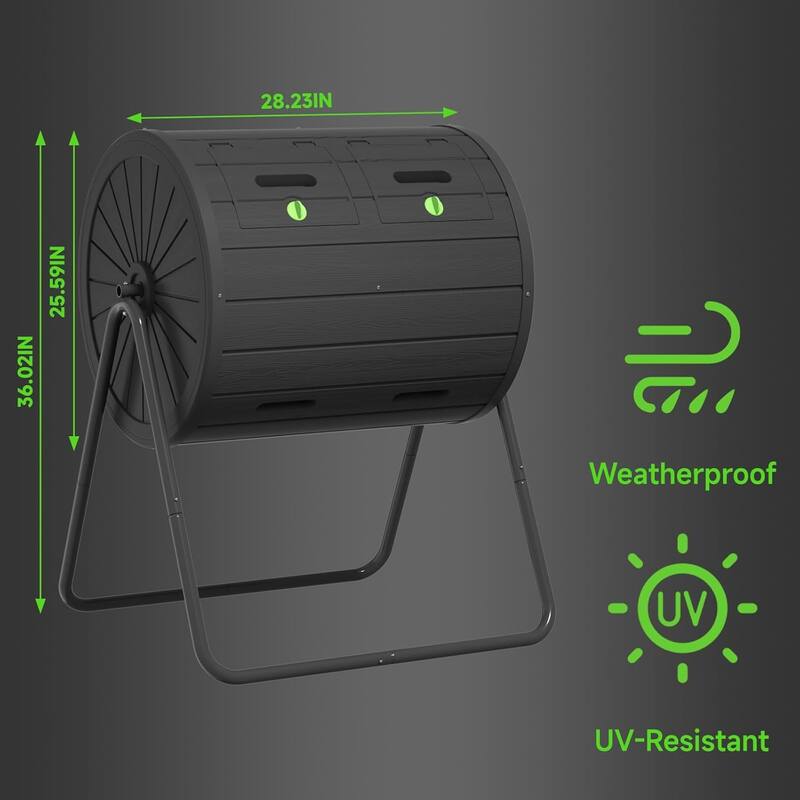 Dual Chamber Tumbling Composter, 43 Gallon Outdoor Tumbling Composter, Rotating Design with Renovate Doors and Steel Frame