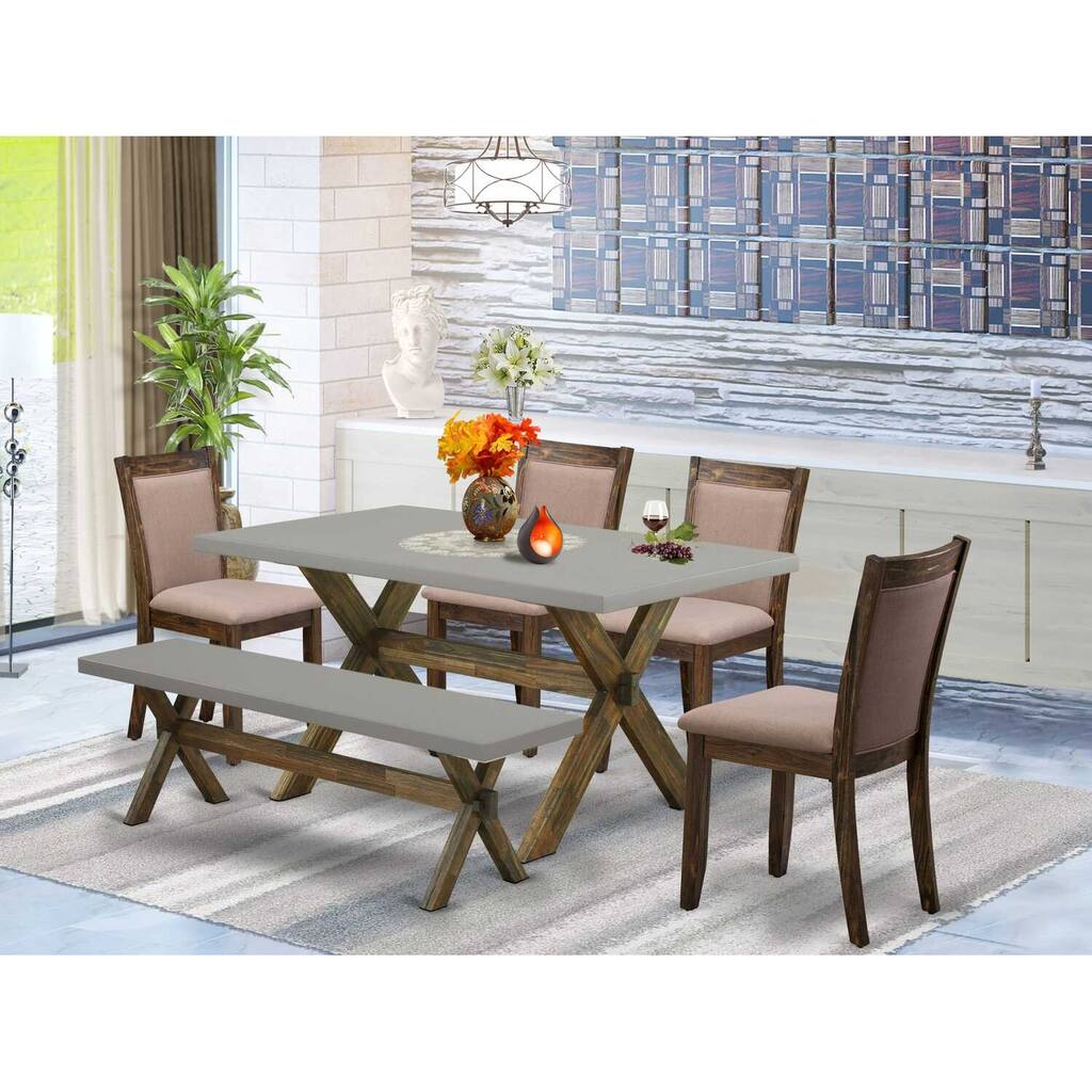 HomeStock 6-Piece Rectangle Distressed Jacobean Finish Solid Wood Top Dining Table with 1-Bench, 4-Chairs