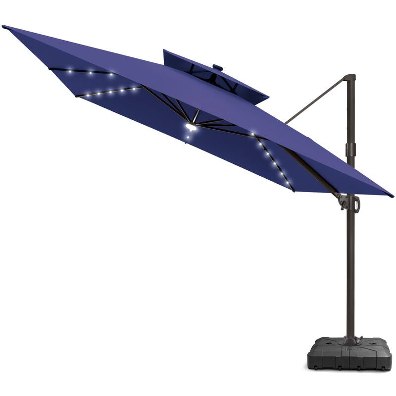 11 FT Square Outdoor Patio Cantilever Umbrella with Solar Lights All-Weather Wheeled Base Double Canopy 360 Rotation Tilt