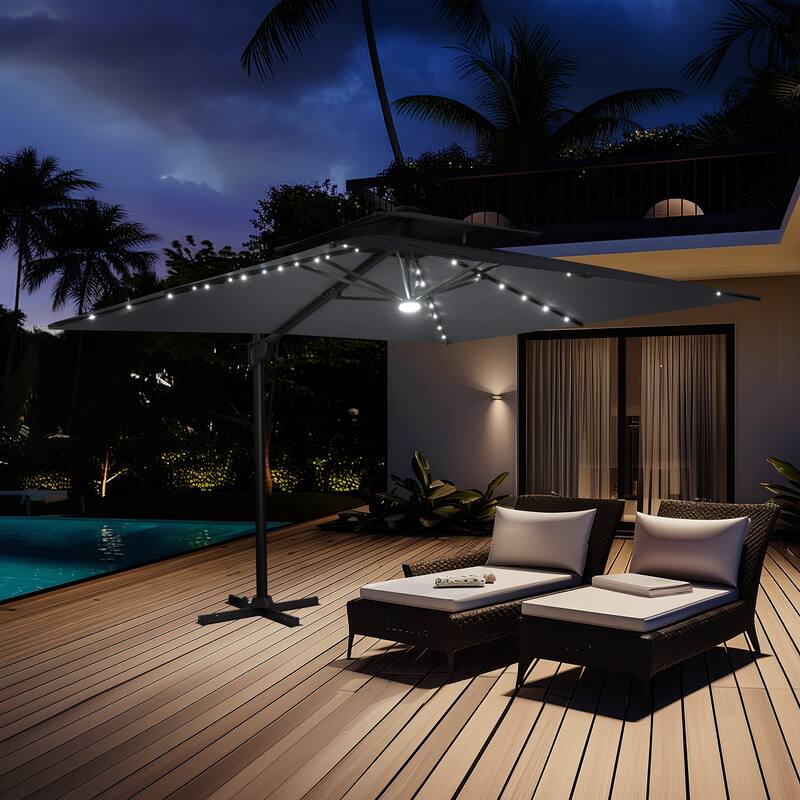 9 FT x 11 FT Outdoor Double Top LED Lighted Patio Cantilever Umbrella