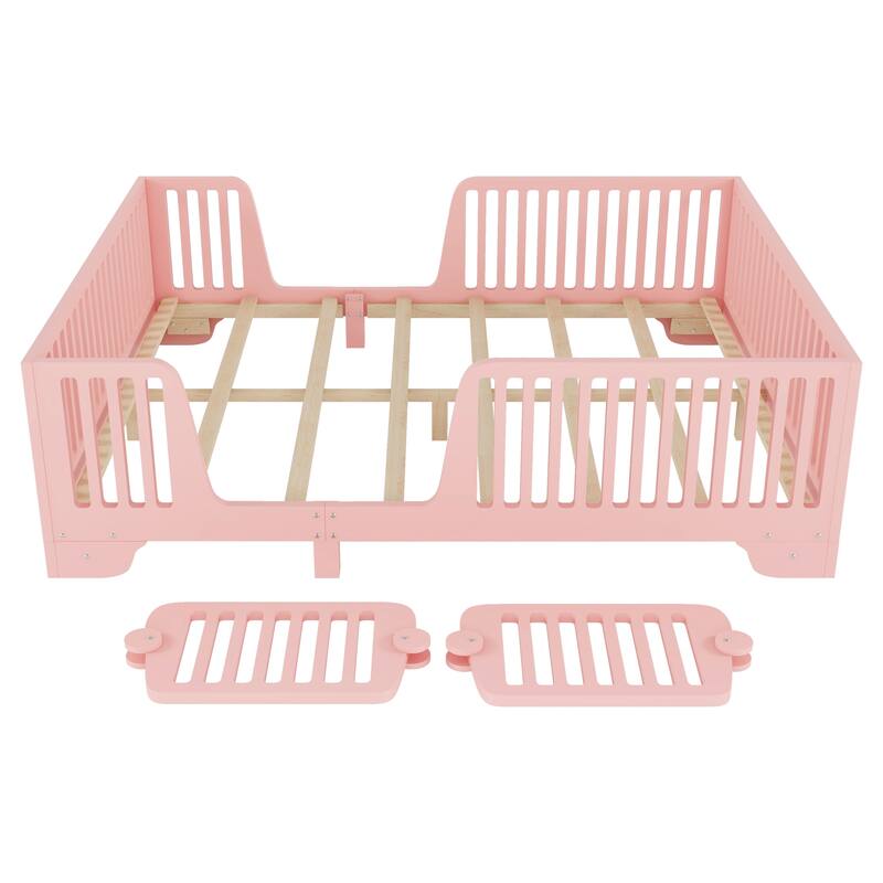Montessori Floor Bed with Detachable Door, No Box Spring Needed, Kids Platform Bed with Slats and Fence
