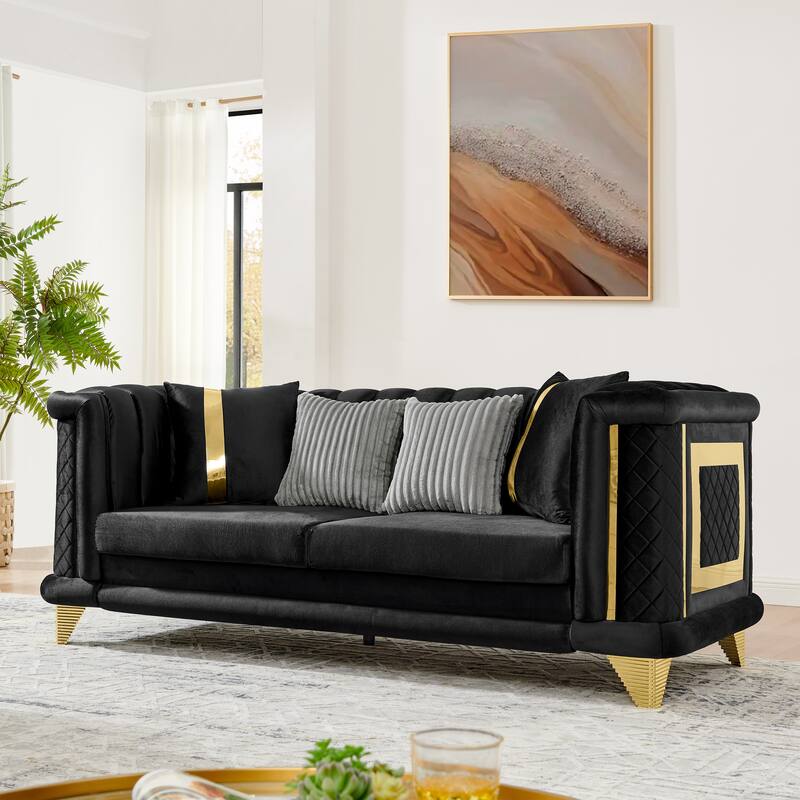 89 Inches Black Velvet 3 Seater Luxury Sofa with Gold Stainless Steel Trims and Embroidered Texture - Multi-Color