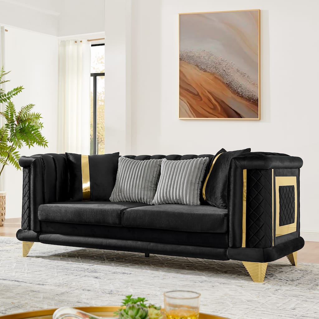 89 Inches Black Velvet 3 Seater Luxury Sofa with Gold Stainless Steel Trims and Embroidered Texture