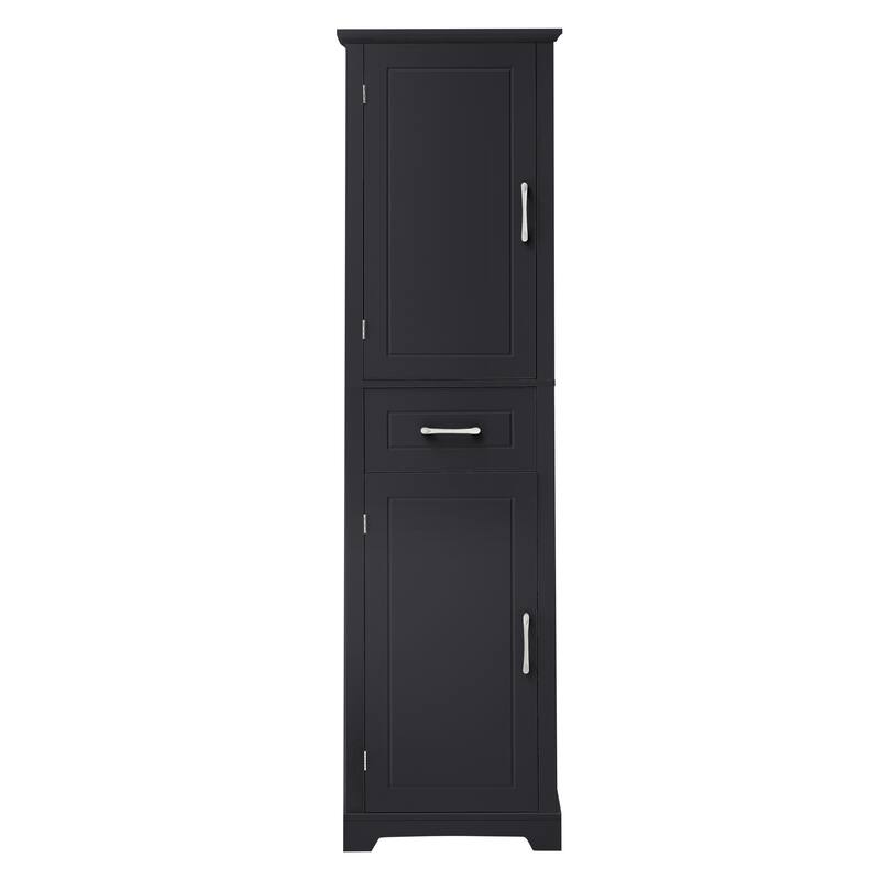 Roomfitters 63" Tall Bathroom Storage Cabinet, Freestanding Linen Tower with Door-Mounted Shelves and Drawer, Black