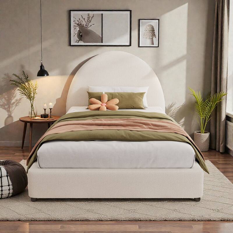 Twin/Queen/King Boucle Upholstered Bed Frame with Curved Half-Round Headboard, Platform Design, No Box Spring Needed