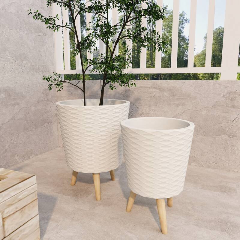 White or Grey Fiber Clay Wood Boho Eclectic Planter (Set of 2) - S/2 14", 16"H