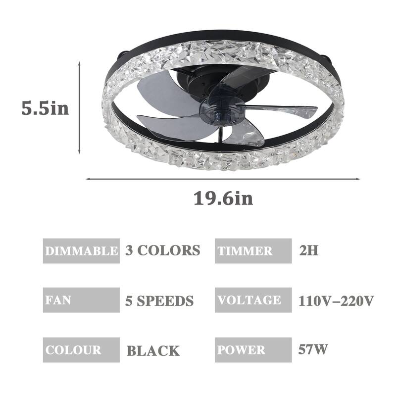 19" Bedroom Fan Light with Remote Control, Dimmable, 7 Blades, Reversible DC Motor, with LED Light