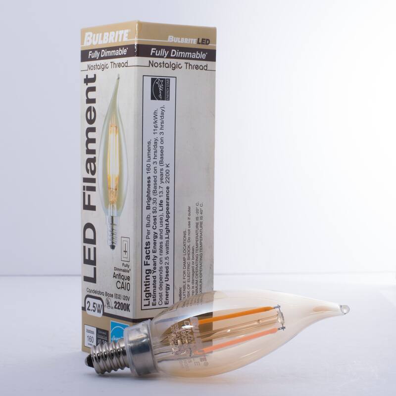 Bulbrite Pack of (4) 2.5 Watt Dimmable Antique Filament CA10 Candelabra (E12) LED Bulb - Amber Light