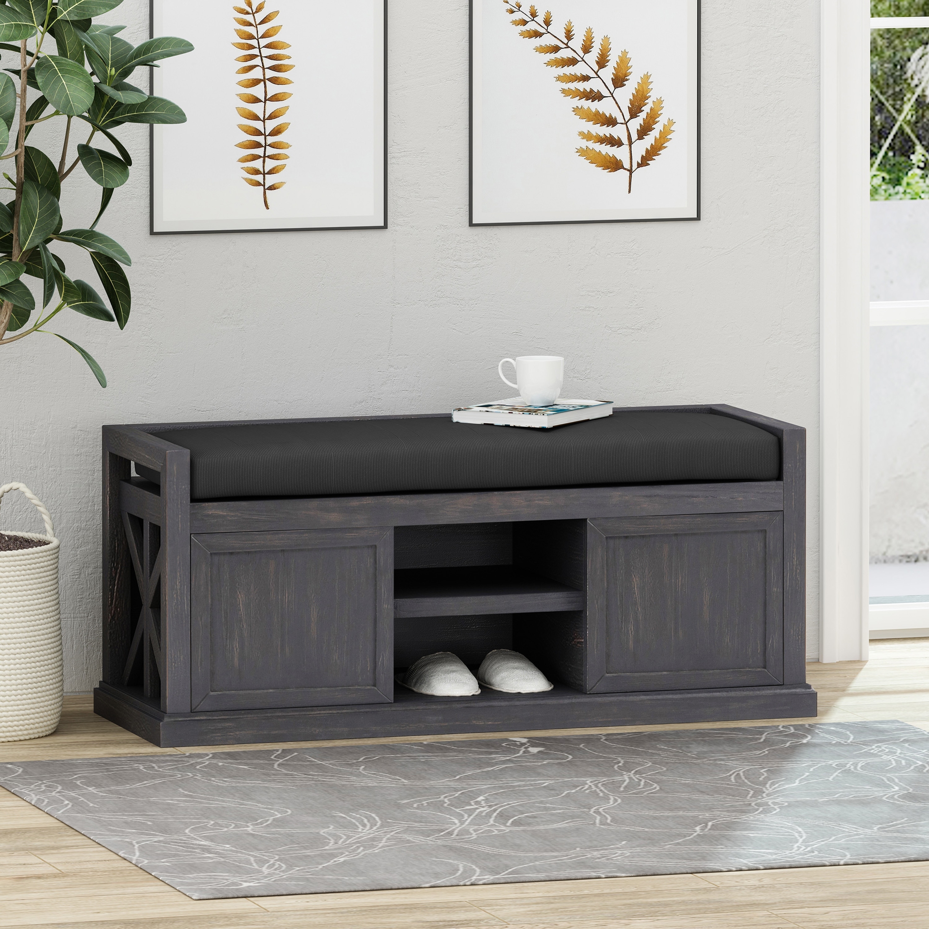 Entryway Upholstered Shoe Bench with Solid Wood Frame, Open Storage