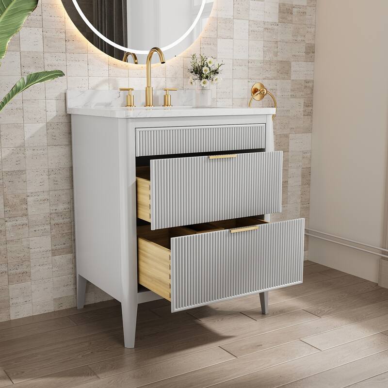 Modland 30" Freestanding Bathroom Vanity with Carrara Marble Top - Soft-Close Drawers,Green / Grey - 30 inch