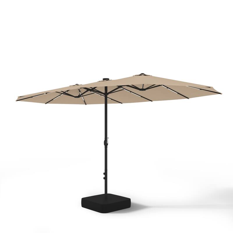 15FT Solar LED Double-Sided Patio Umbrella with Base, 12 Light Strips, 2000mAh