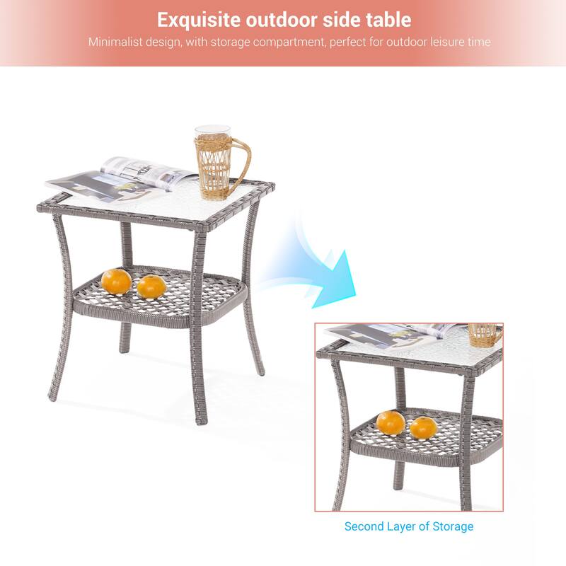 LIVOOSUN Patio Water Rippled Glass Side Table Rattan Coffee Table