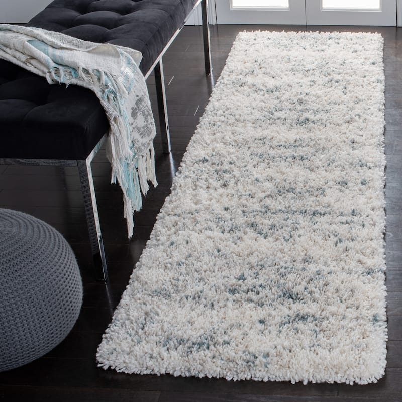 SAFAVIEH Fontana Shag Magali Modern Abstract 2-inch Thick Rug - 2'3" x 8' Runner - Ivory/Teal - Runner