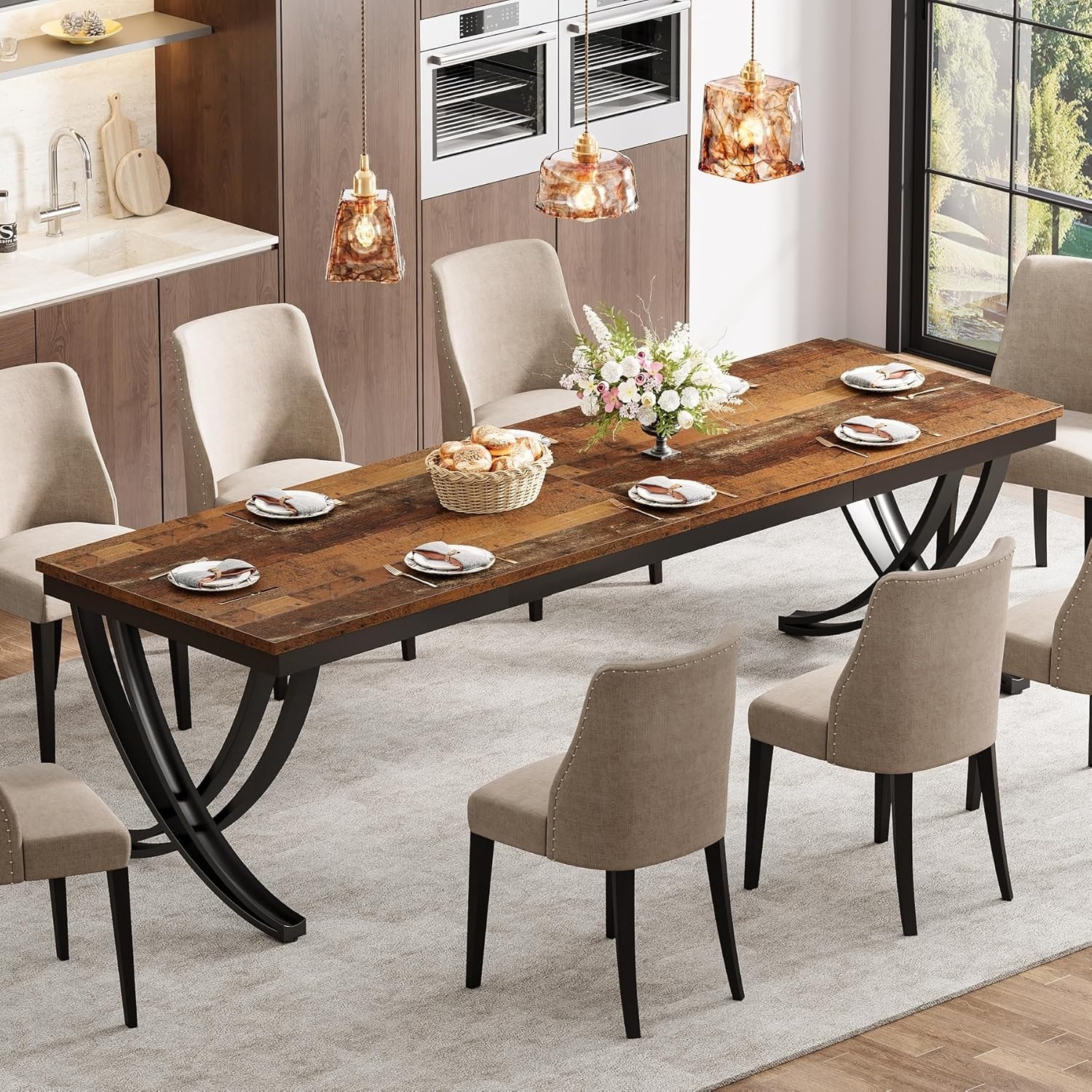 78" Large Rectangular Dining Table, Farmhouse Solid Wood Top Kitchen Table for Dining/Living Room