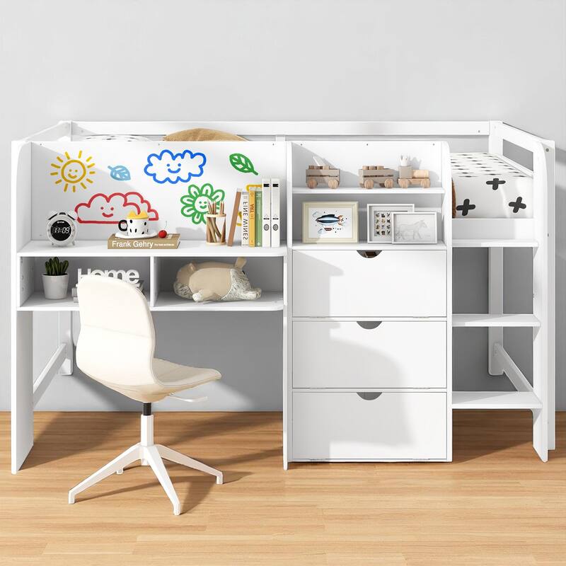 Full Loft Bed with Built-in Desk, Bookshelf, Storage Cabinets, Ladder and Whiteboard, Space-Saving Design