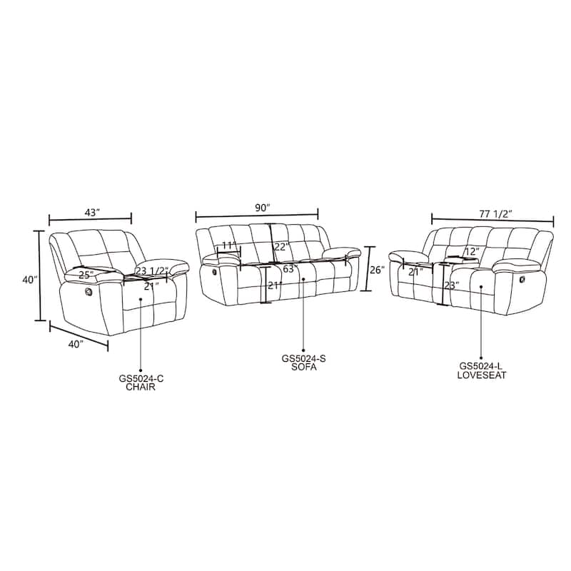 Beige Corduroy 3-Piece Living Room Recliner Sofa set